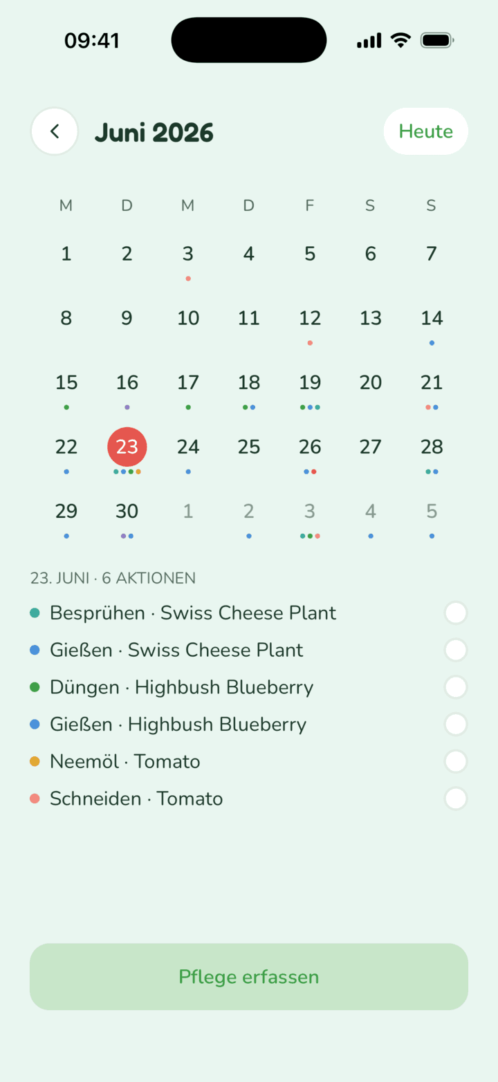 Pflegekalender-Bildschirm mit den heutigen Aufgaben für jede Pflanze