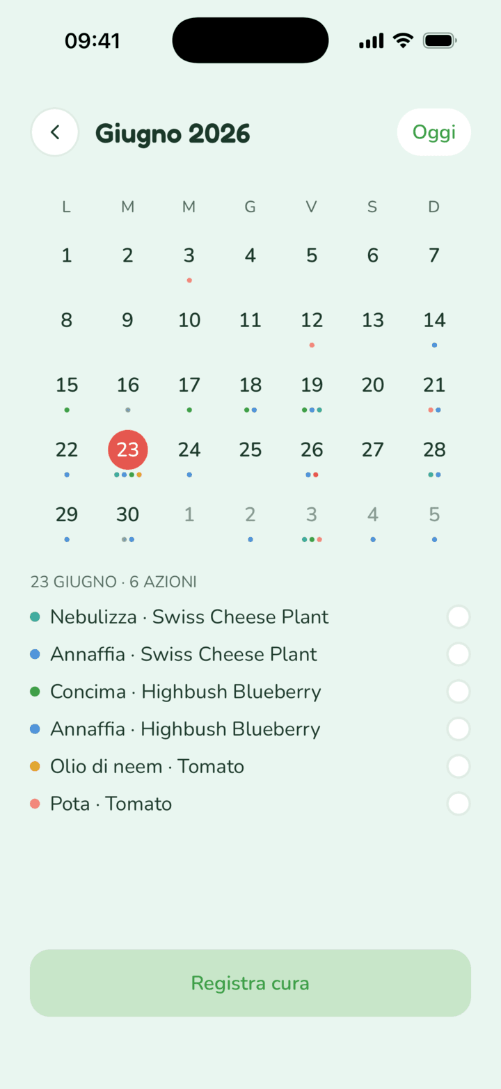 Schermata calendario delle cure con le azioni del giorno per ogni pianta