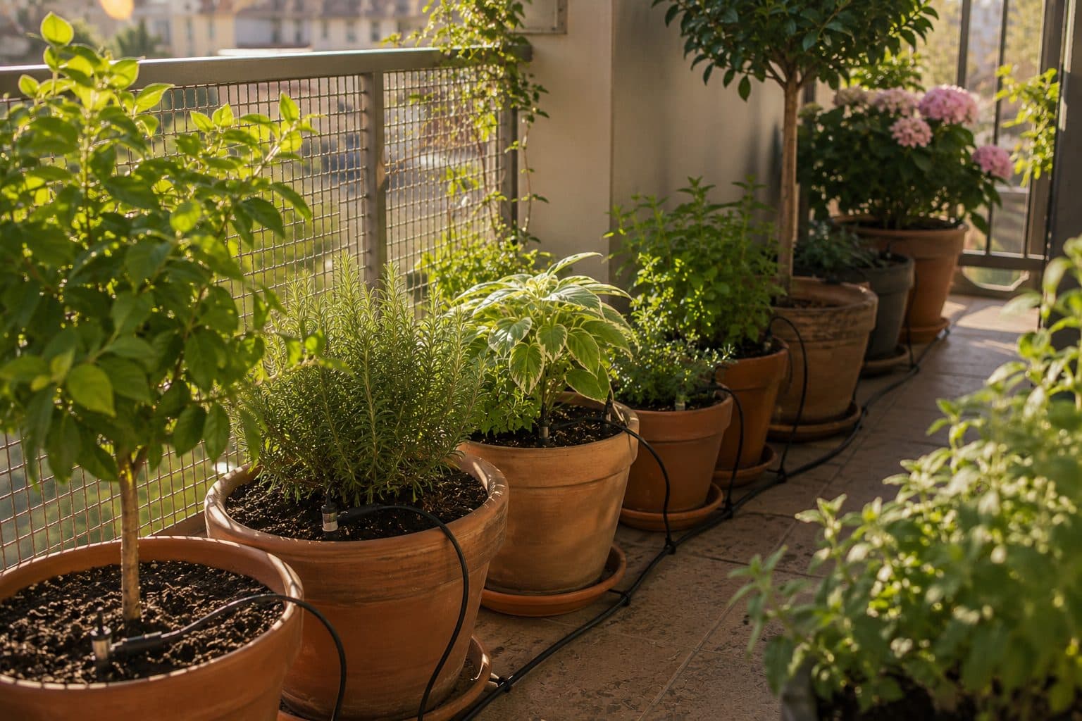 Balcony with potted plants connected by a drip irrigation system with micro-tubing