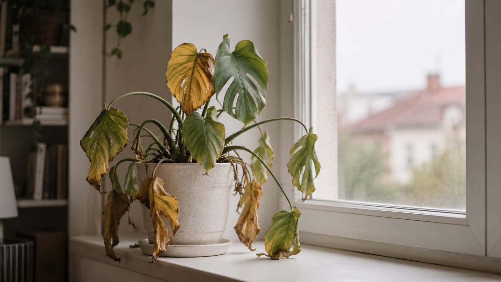 Houseplant with yellowing, limp leaves near a window
